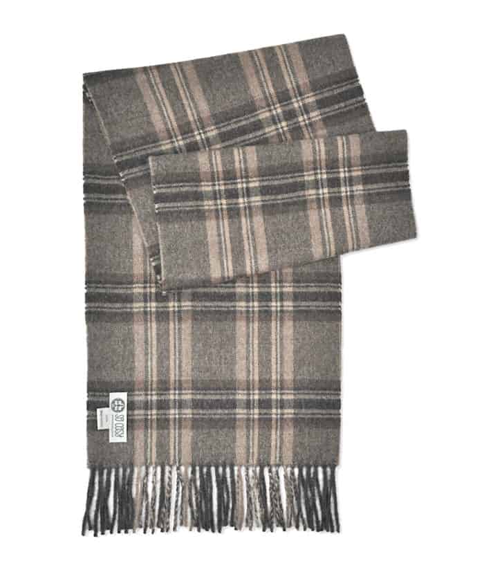 luxury wool scarf made with baby alpaca wool in a charcoal beige plaid pattern