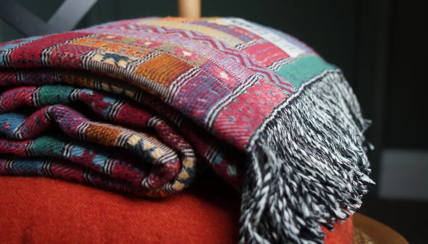 Red Elin log cabin design merino wool blanket