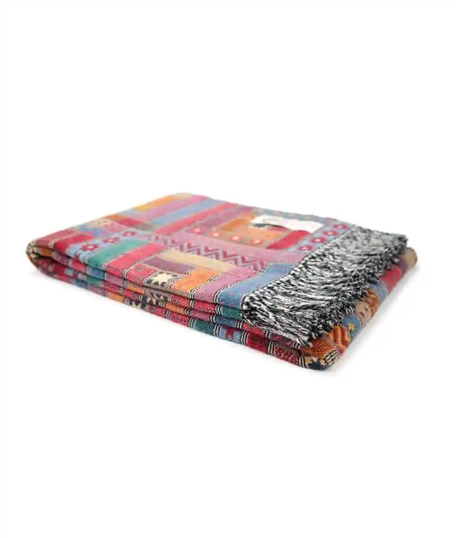 elin red patchwork design merino wool blanket throw