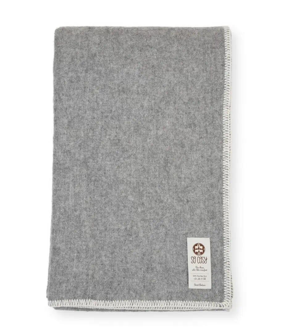 Della grey pure wool cosy throw blanket with white blanket stitch