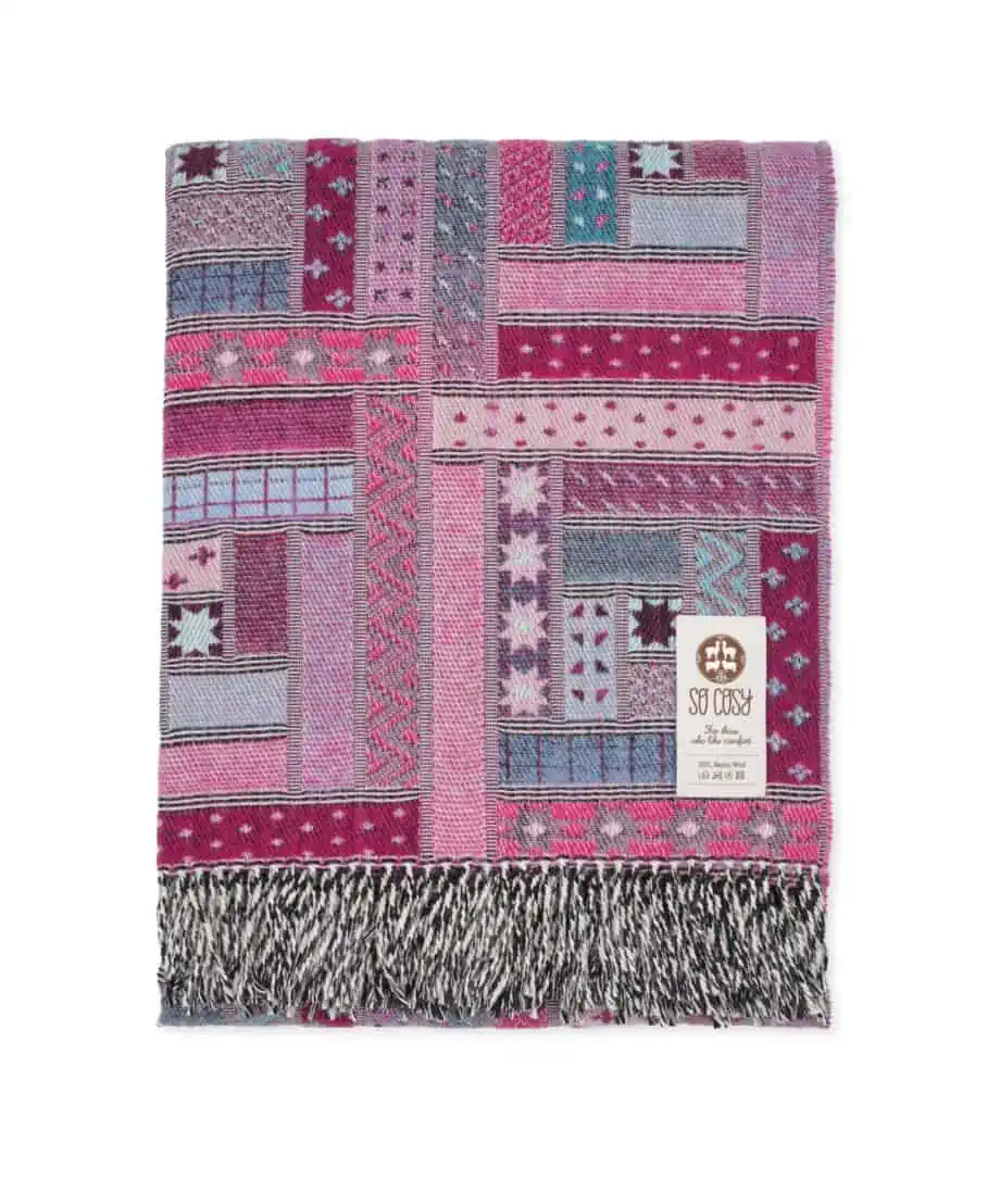 Elin pink colour log cabin patchwork merino wool blanket throw