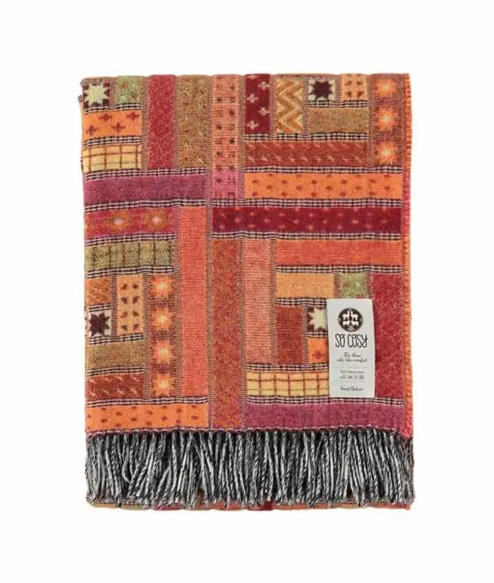 Elin orange throw blanket with log cabin quilt pattern
