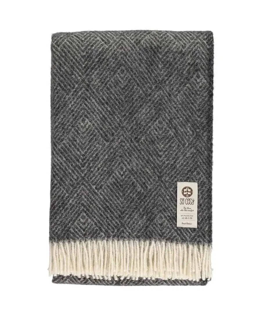 Donell charcoal cream undyed pure new wool large blanket throw