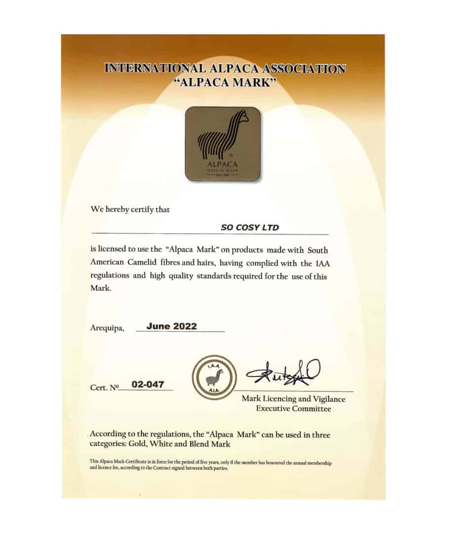 Peruvian alpaca association so cosy certificate