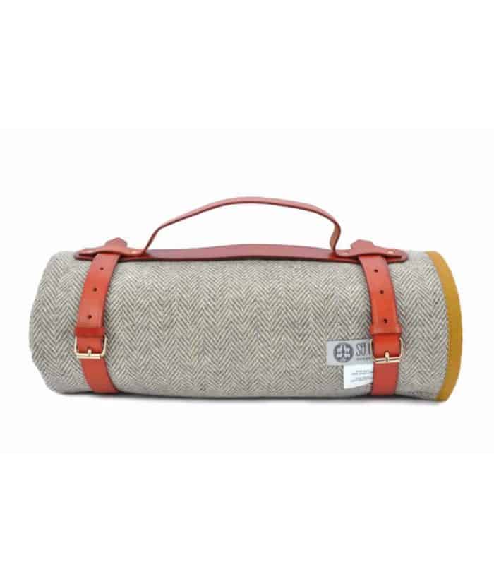 mustard colour wax cotton and wool roll up picnic blanket by so cosy
