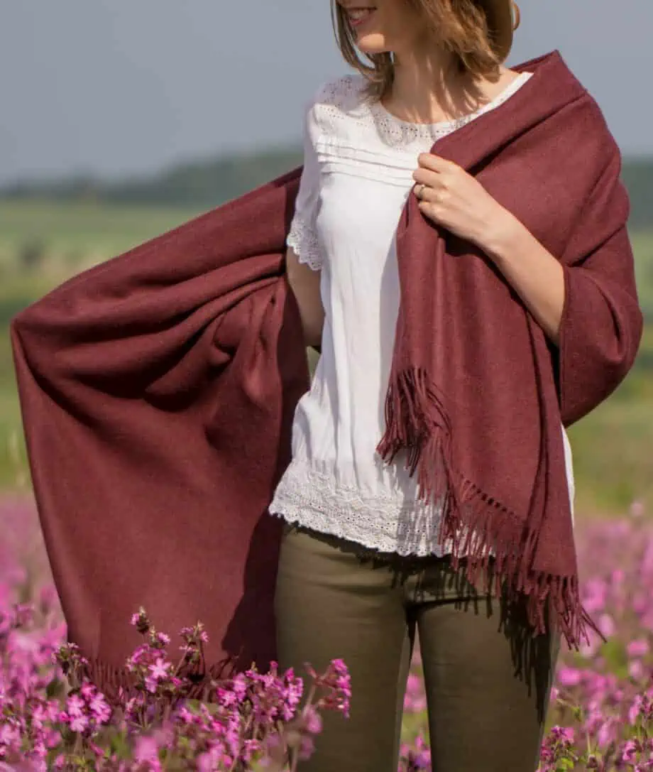 Lilly pure baby alpaca wool soft wrap shawl in tawny port colour
