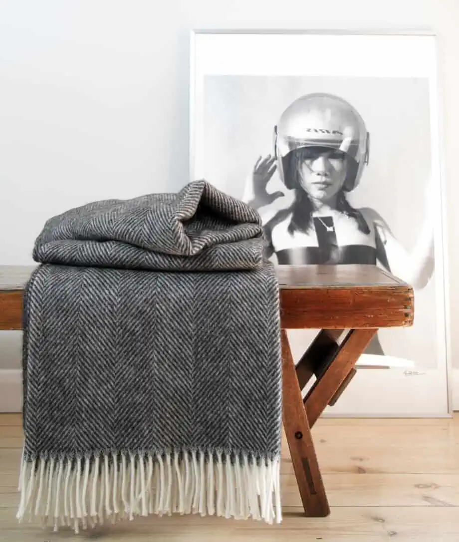 herringbone charcoal grey colour large Scandinavian pure wool cosy throw blanket