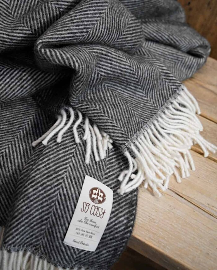 Herringboan Scandinavian pure wool charcoal grey large throw blanket