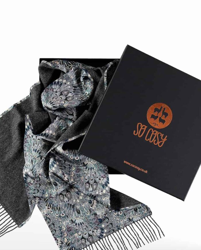 luxury ladies mens scarf in dark grey made from liberty fabric in gift box