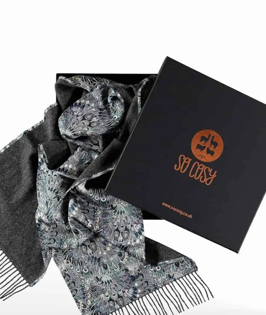 luxury ladies mens scarf in dark grey made from liberty fabric in gift box