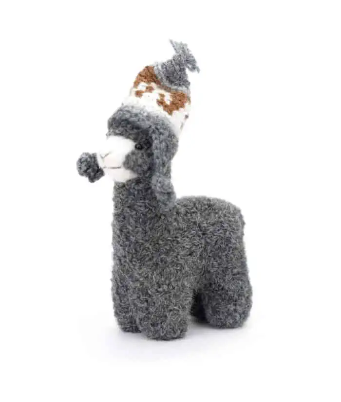 cuddly baby alpaca soft toy with a grey hat