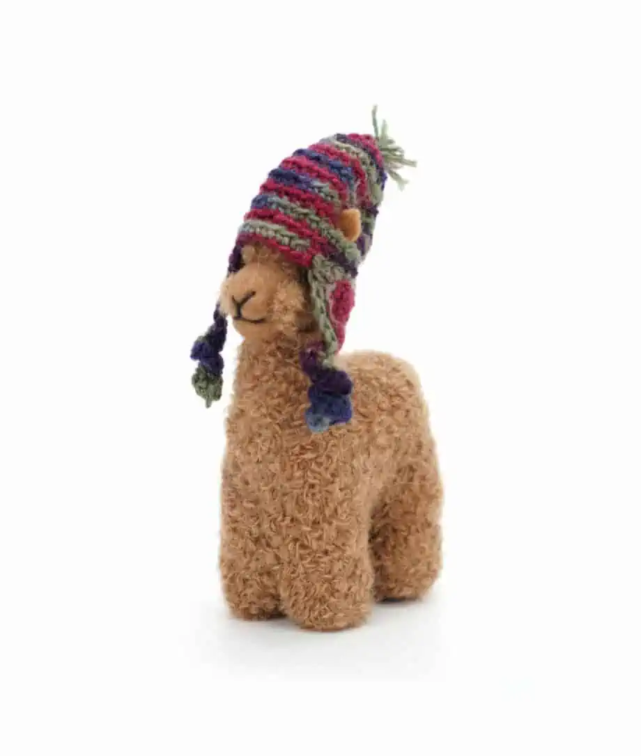 super cute baby alpaca soft toy with green burgundy navy hat