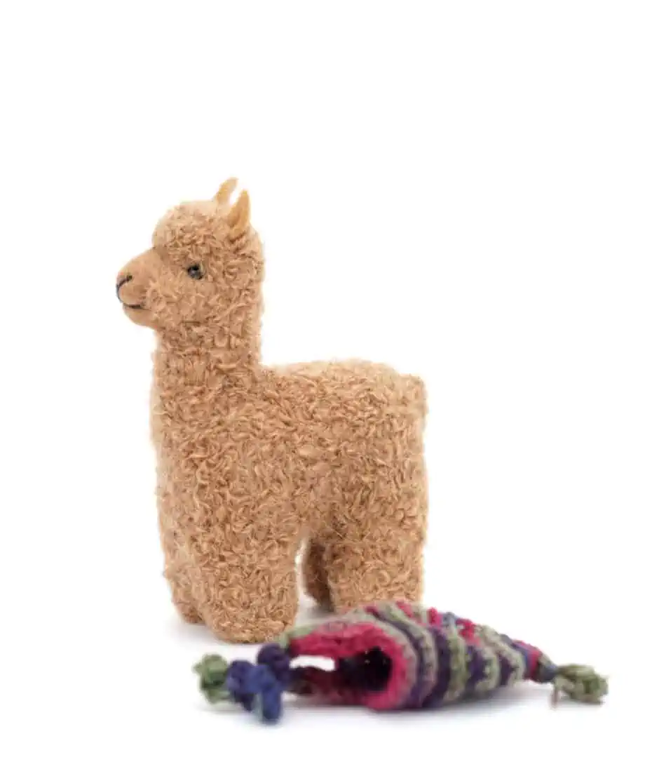 cute baby alpaca toy with a multicolour hat