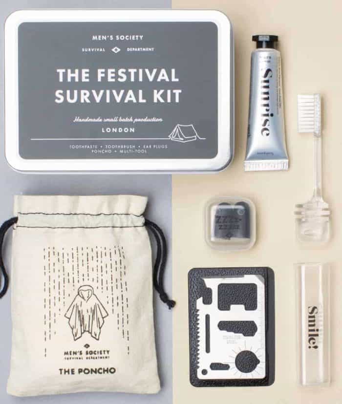 the festival survival kit toothpaste toothbrush earplugs poncho multi tool
