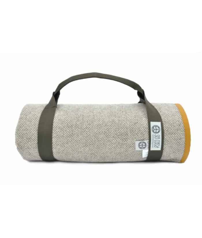 mustard colour waxed cotton and pure wool roll up picnic blanket by so cosy