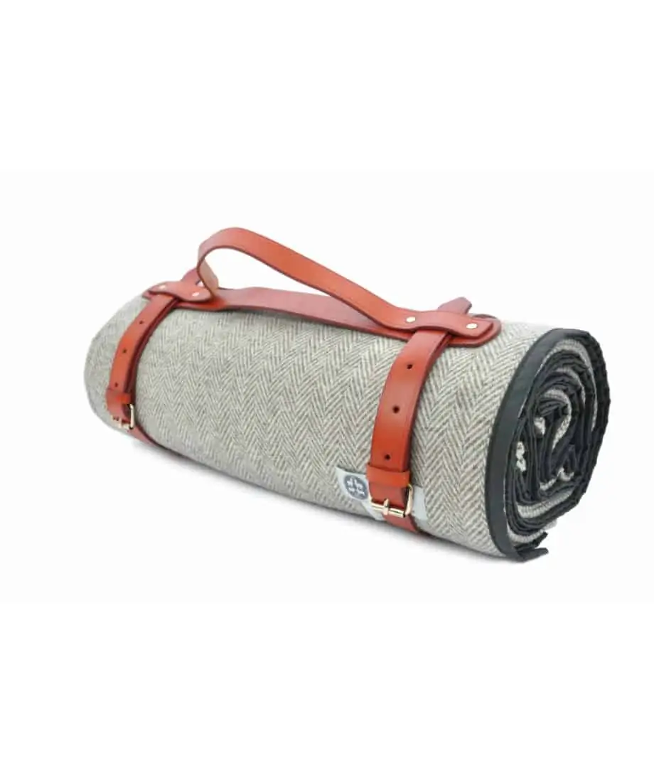 seaweed waxed cotton and pure wool quality picnic blanket with leather straps