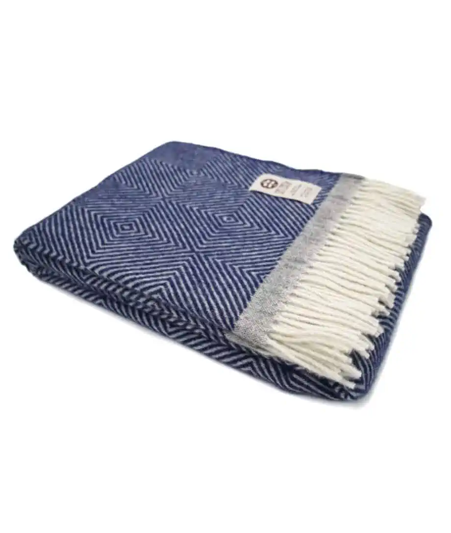 Dar dark navy diamonf design pure new wool blanket throw