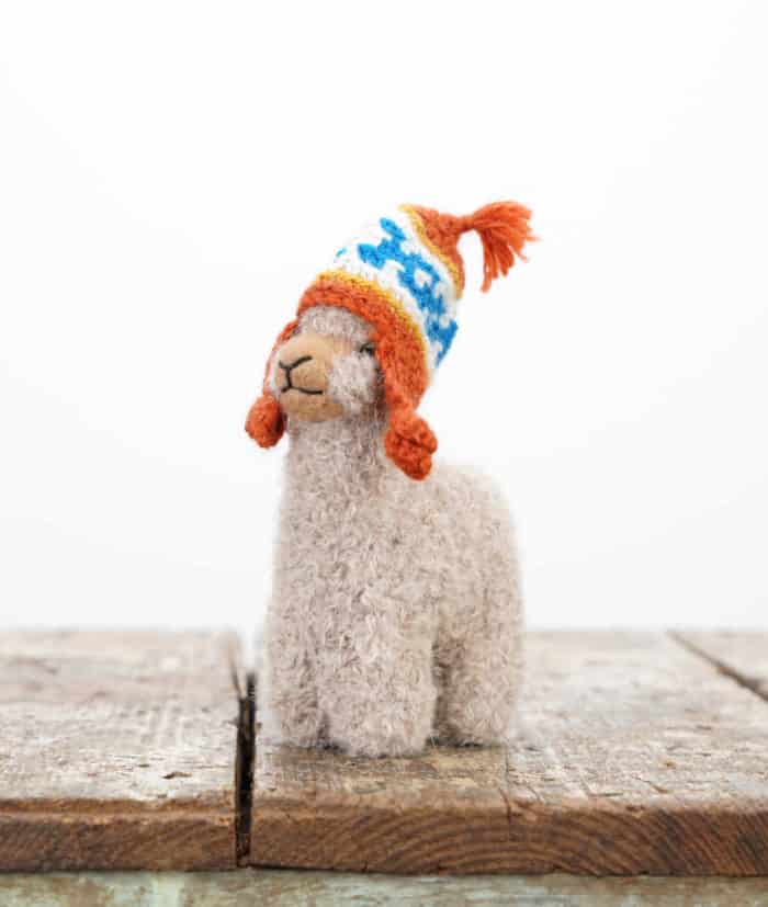 cute hand felted baby alpaca soft toy with orange hat