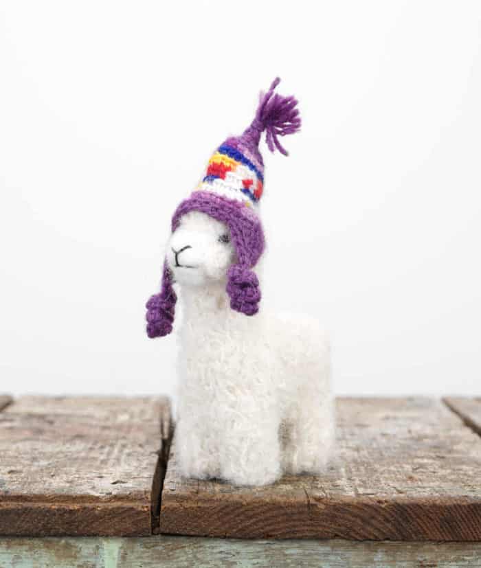 hand felted baby alpaca wool soft toy with lilac hat