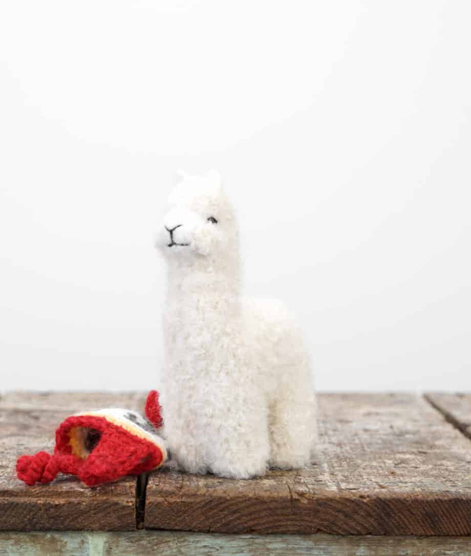super cute handmade baby alpaca soft toy with red hat