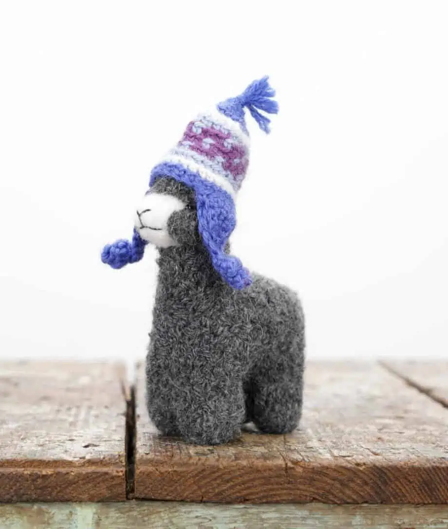 hand needle felted Peruvian baby alpaca soft toy with crochet hat