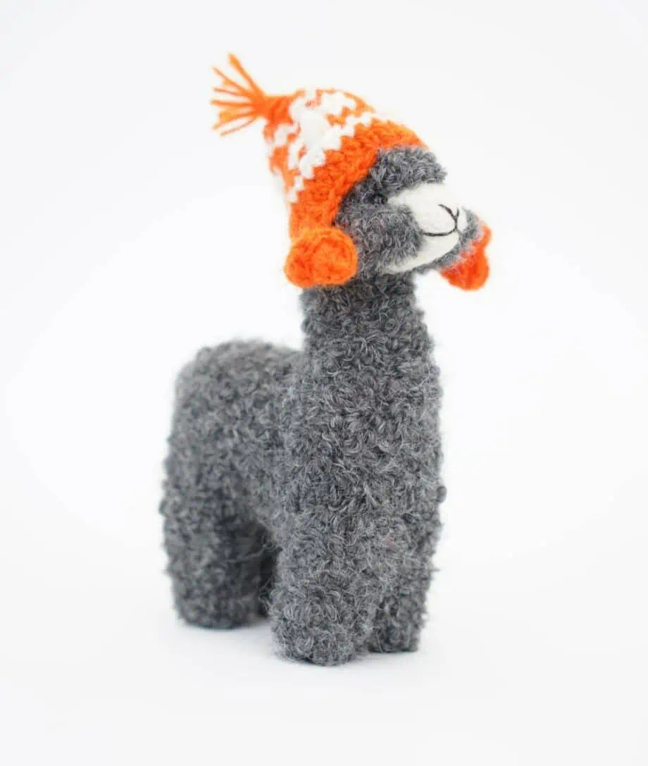 adorable grey baby alpaca wool soft toy with hand crochet orange hat