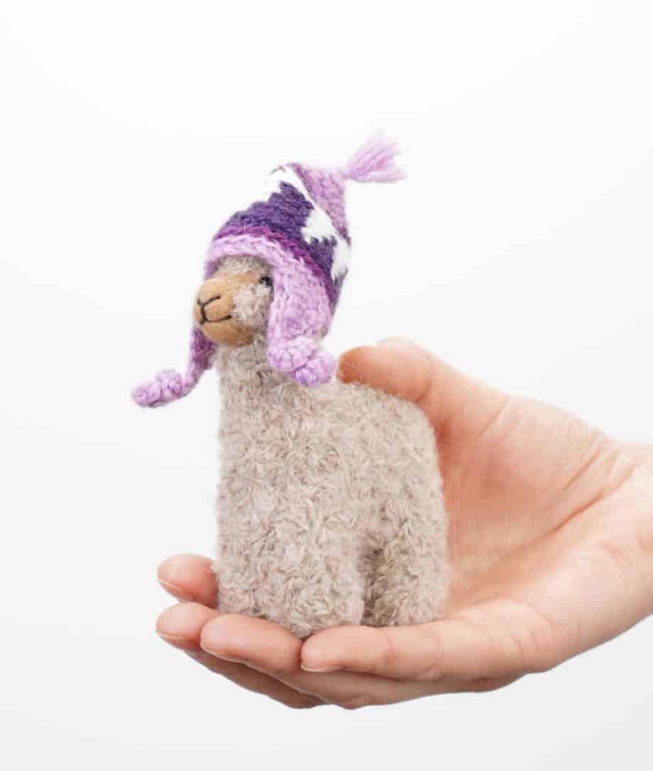 hand felted baby alpaca soft toy with a hat