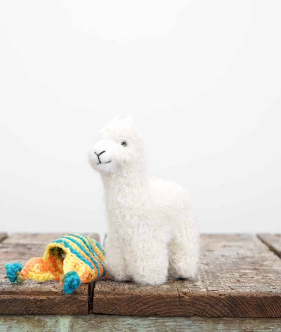 cute baby alpaca hand felted soft toy with orange turquoise hat