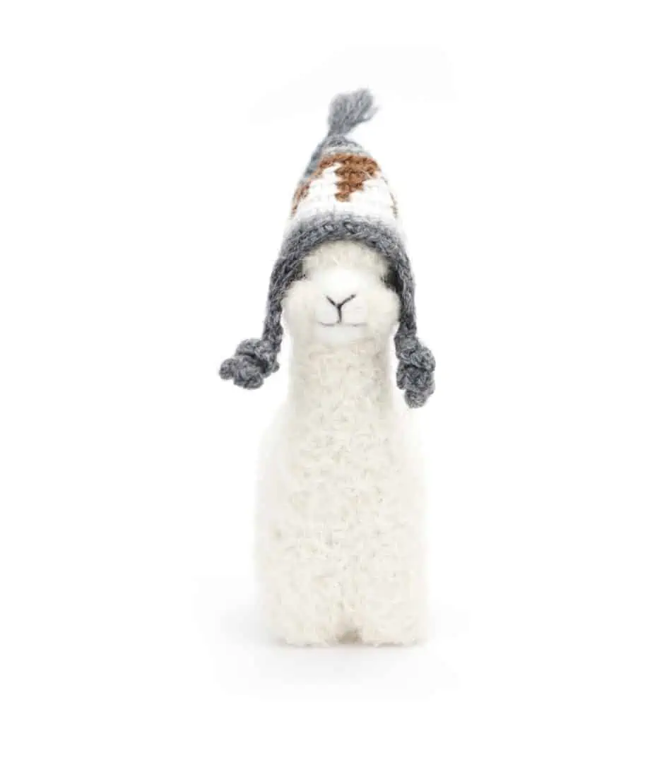 cute white baby alpaca soft toy with a grey hat