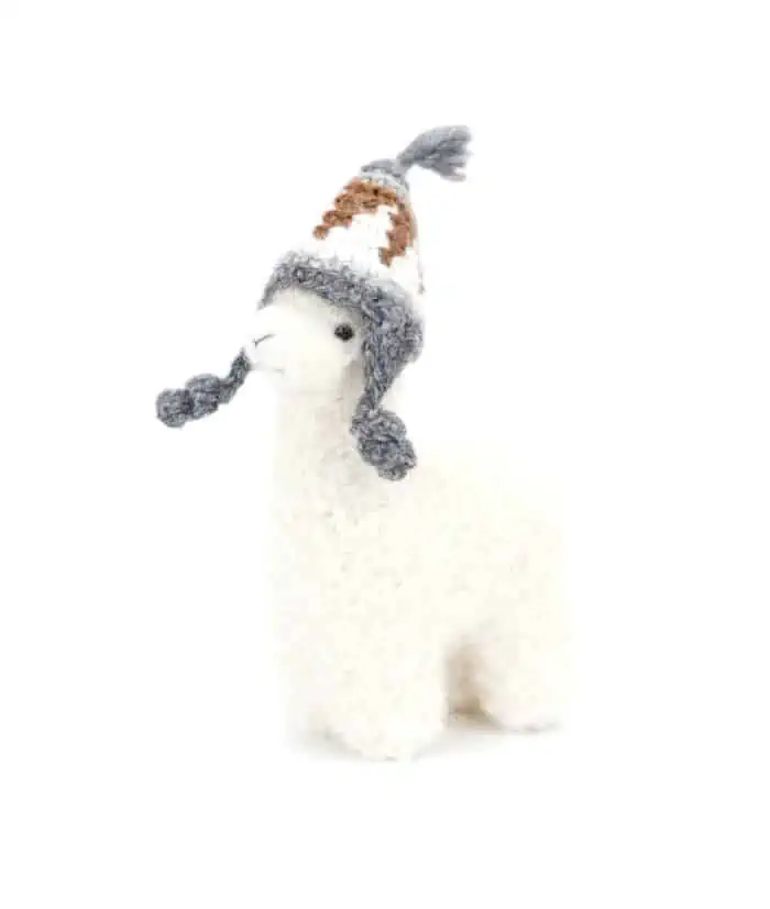 white baby alpaca soft toy with a grey hat