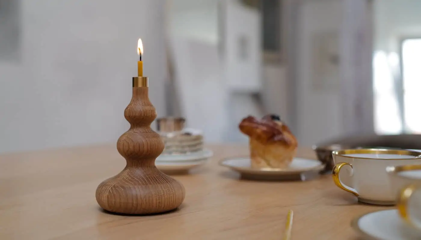 Oiled oak candle stick holder with custom brass detail
