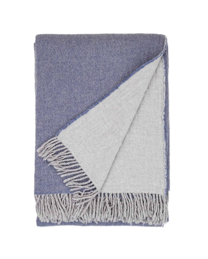 dio extra fine merino wool throw blanket in denim blue and grey colours
