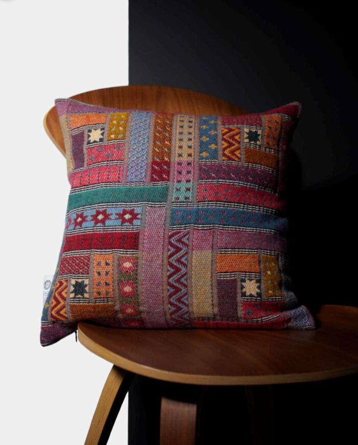 patchwork design Evon red colour cushion soft merino wool