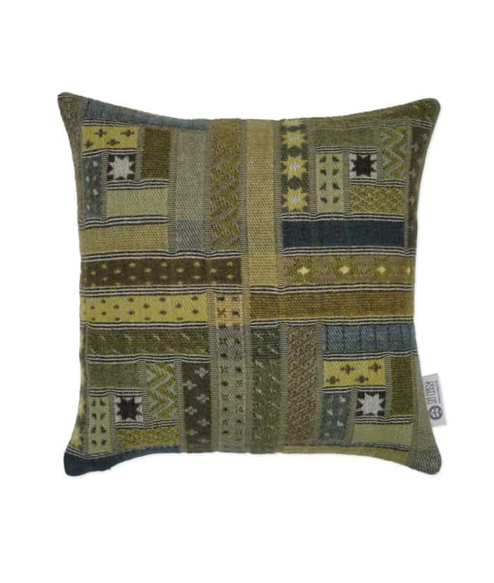 best quality merino wool green log cabin cushion in patchwork design