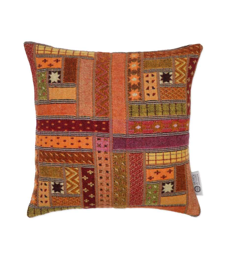 patchwork log cabin pattern cosy cushion in orange colour