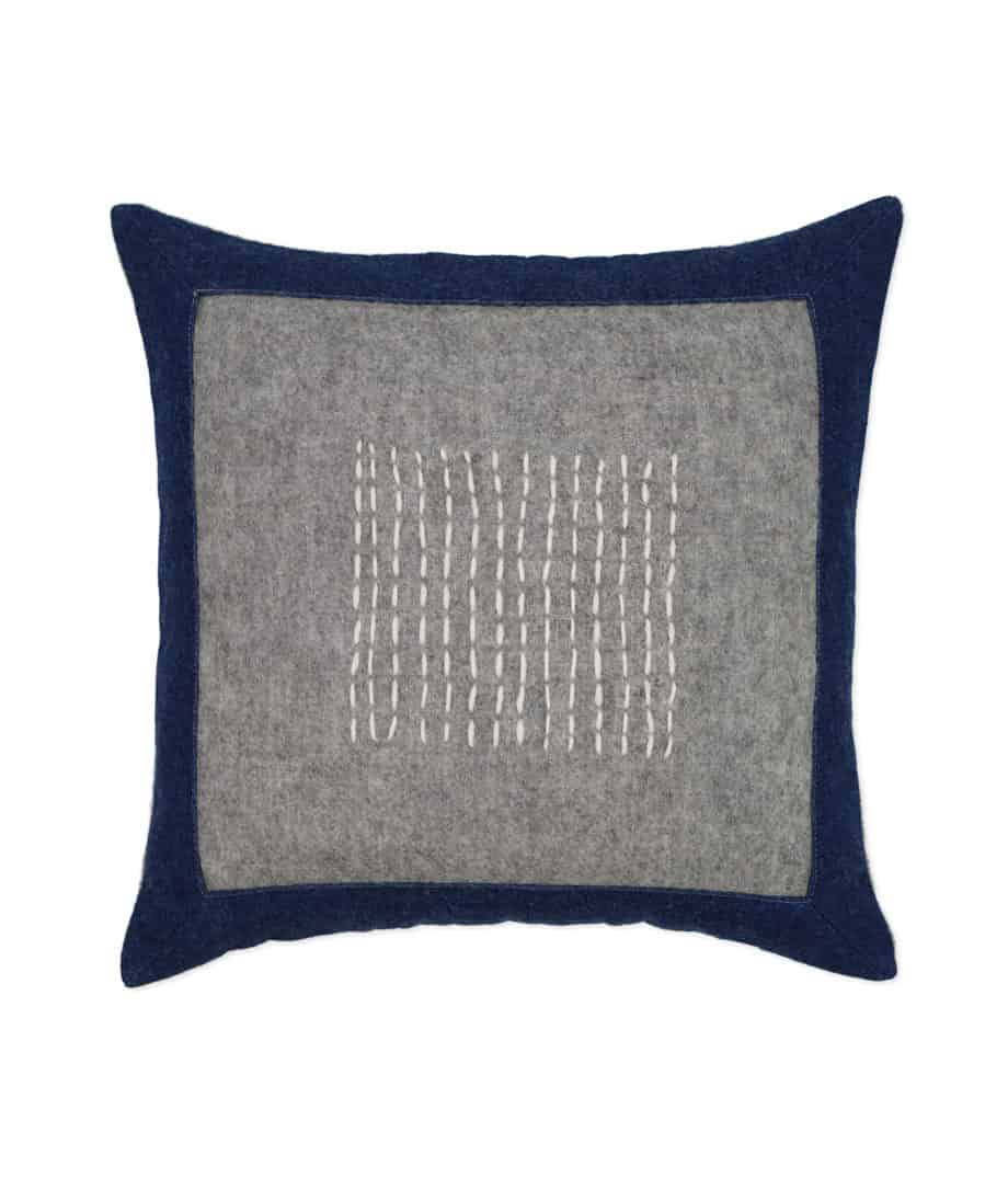hand embroidered kyra cushion made from grey wool and upcycled denim