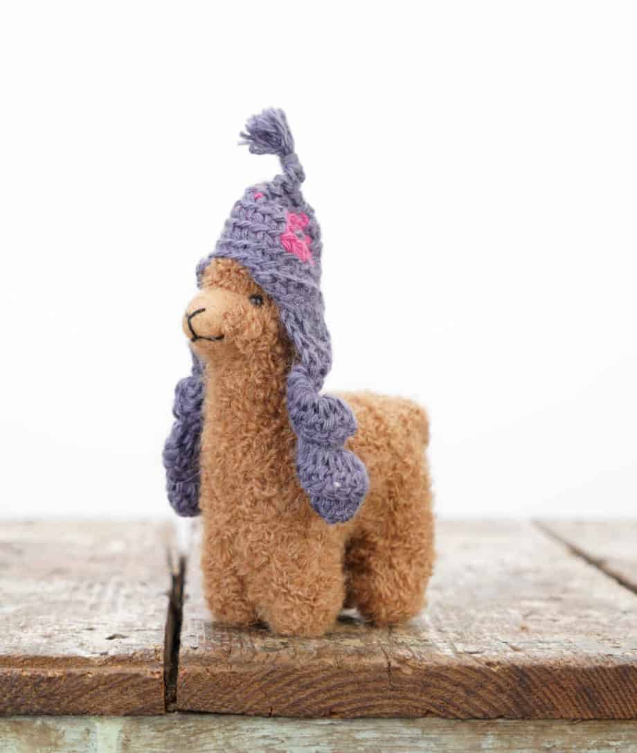 hand felted baby alpaca soft toy with violet blue hat