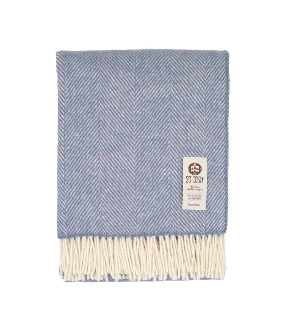 blue and white colour combination cosy herringbone pure wool throw blanket