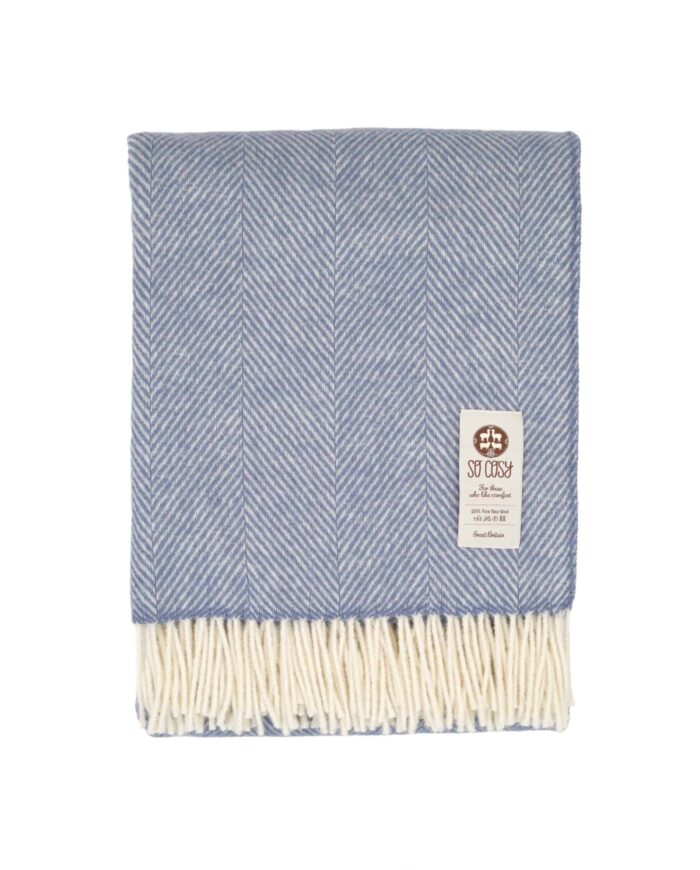 blue and white colour combination cosy herringbone pure wool throw blanket