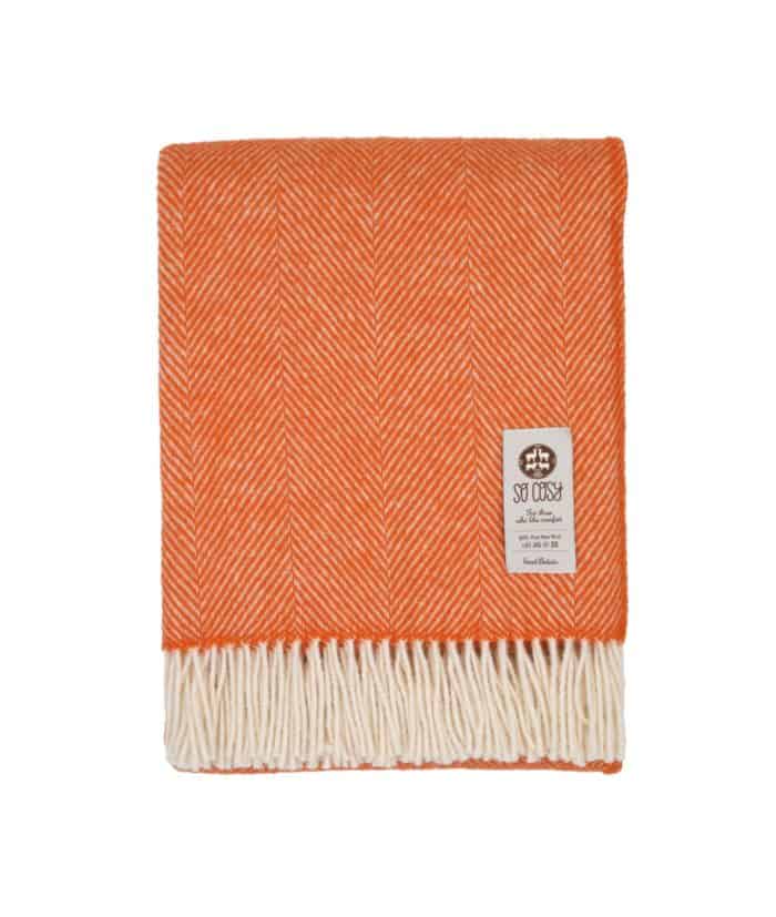 orange throw blanket in pure wool with herringbone pattern