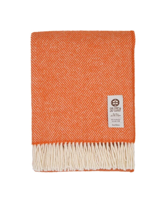 orange throw blanket in pure wool with herringbone pattern