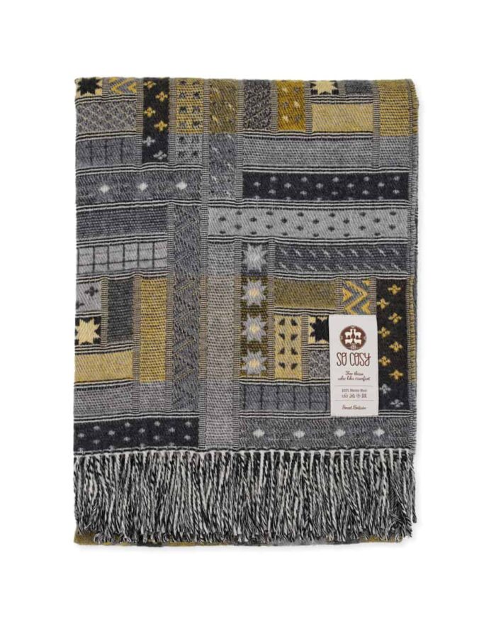 Elin charcoal grey yellow colour patchwork throw blanket
