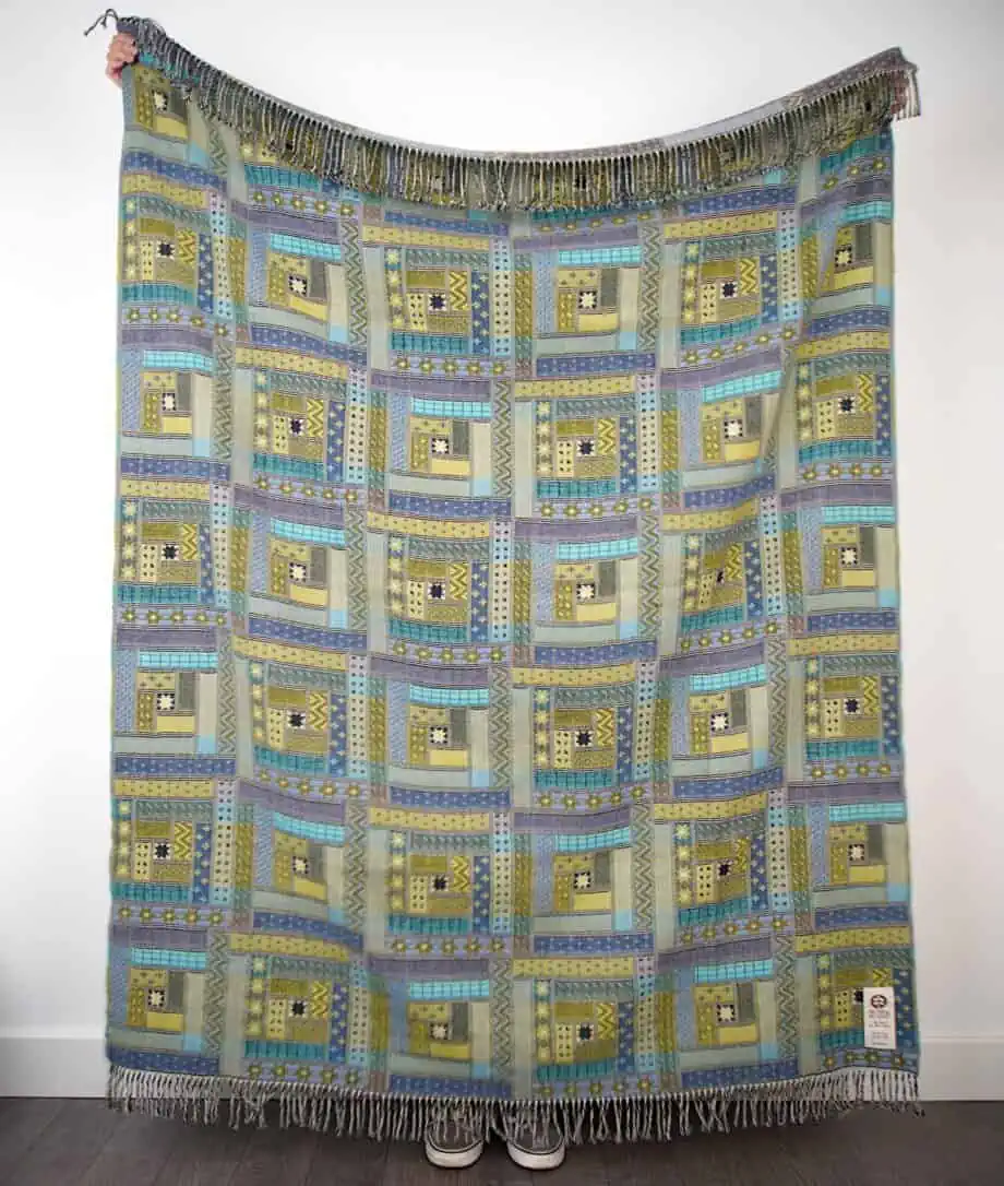 Elin green turquoise log cabin patchwork super soft merino wool throw blanket by so cosy