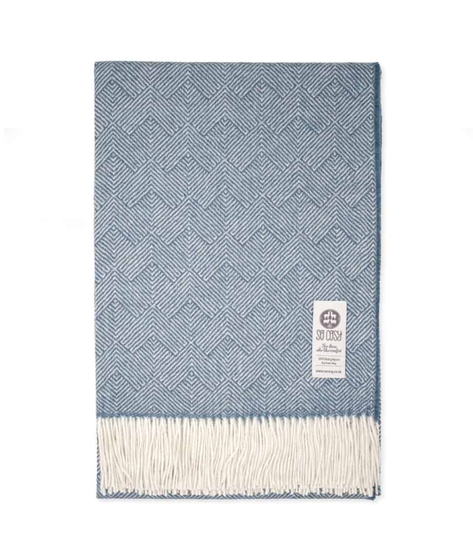 cosy pure alpaca wool throw wrap blanket in indigo blue and white colour combination