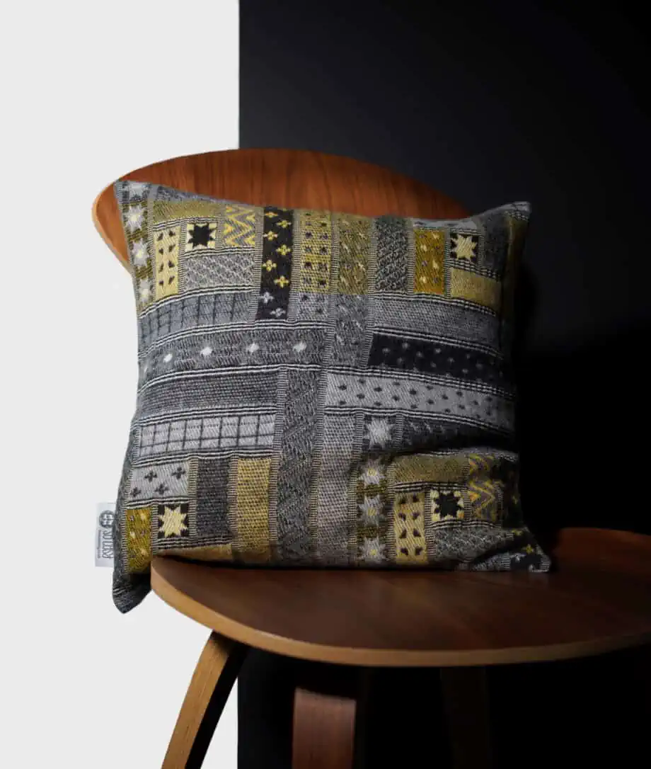 Evon grey yellow merino wool cosy cushion