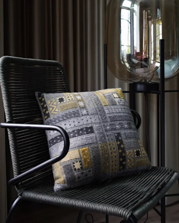 Evon charcoal grey and yellow log cabin patchwork design merino wool cushion