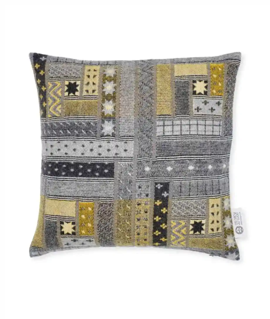 so cosy pure merino wool log cabin cushion in charcoal grey and yellow colour