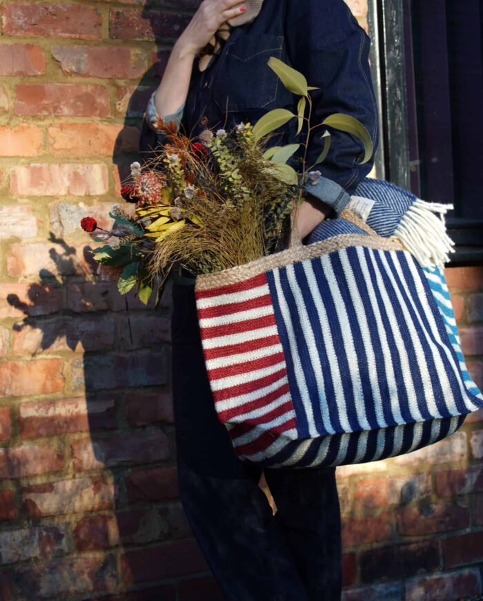 navy and red stripe jute tote bag
