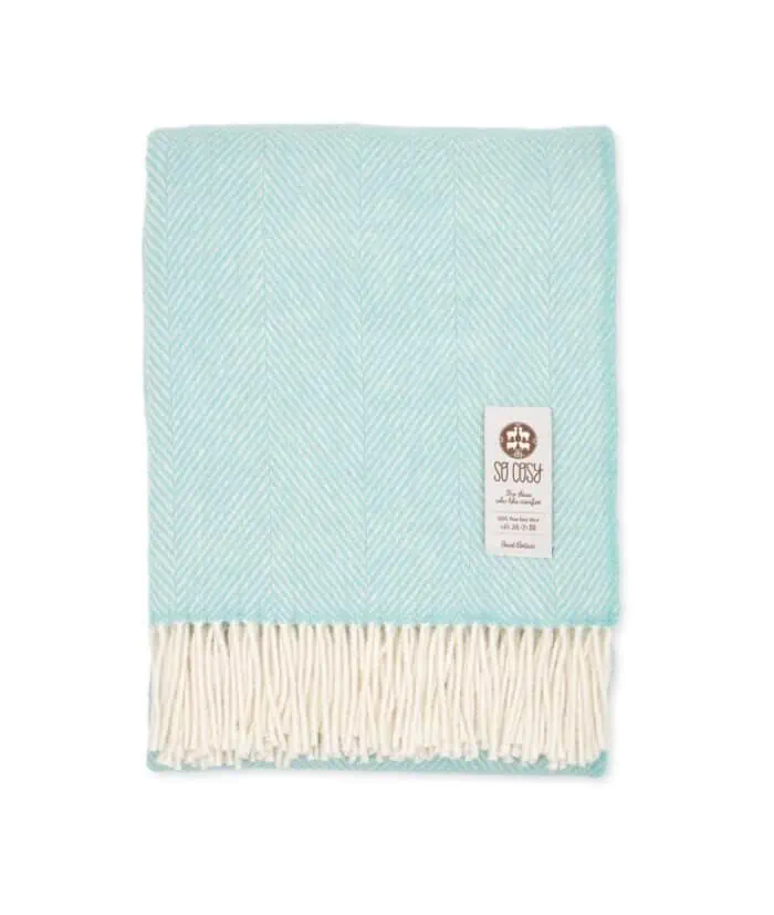 warm and cosy pastel aqua haze blue pure wool sofa blanket throw