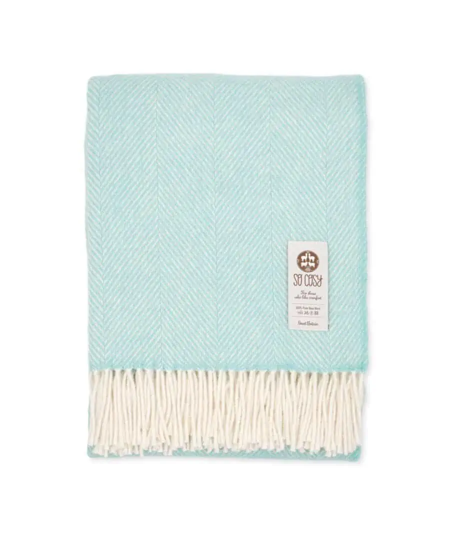 warm and cosy pastel aqua haze blue pure wool sofa blanket throw